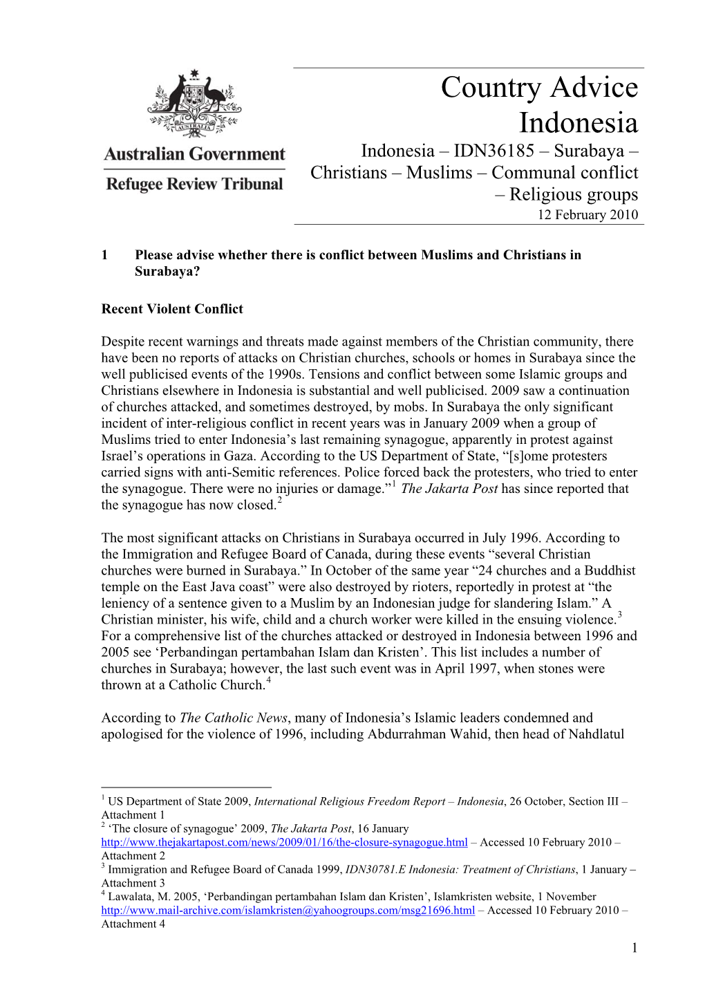 Surabaya – Christians – Muslims – Communal Conflict – Religious Groups 12 February 2010