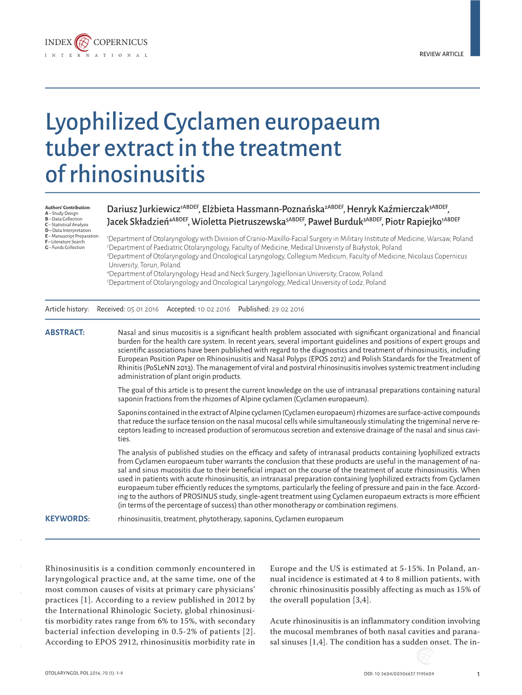 Lyophilized Cyclamen Europaeum Tuber Extract in the Treatment of Rhinosinusitis