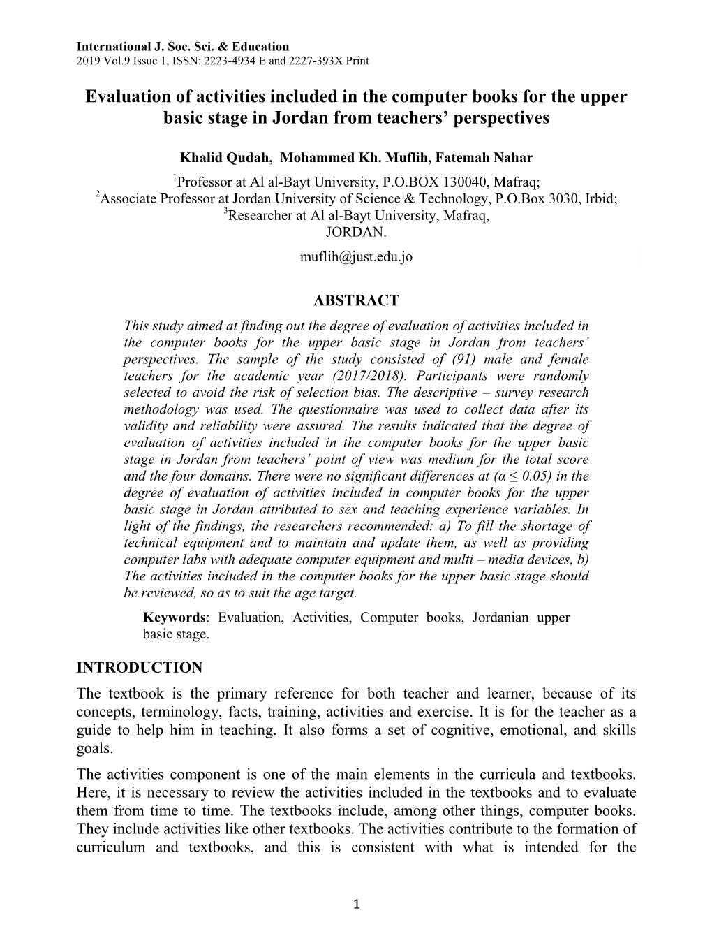 Evaluation of Activities Included in the Computer Books for the Upper Basic Stage in Jordan from Teachers’ Perspectives