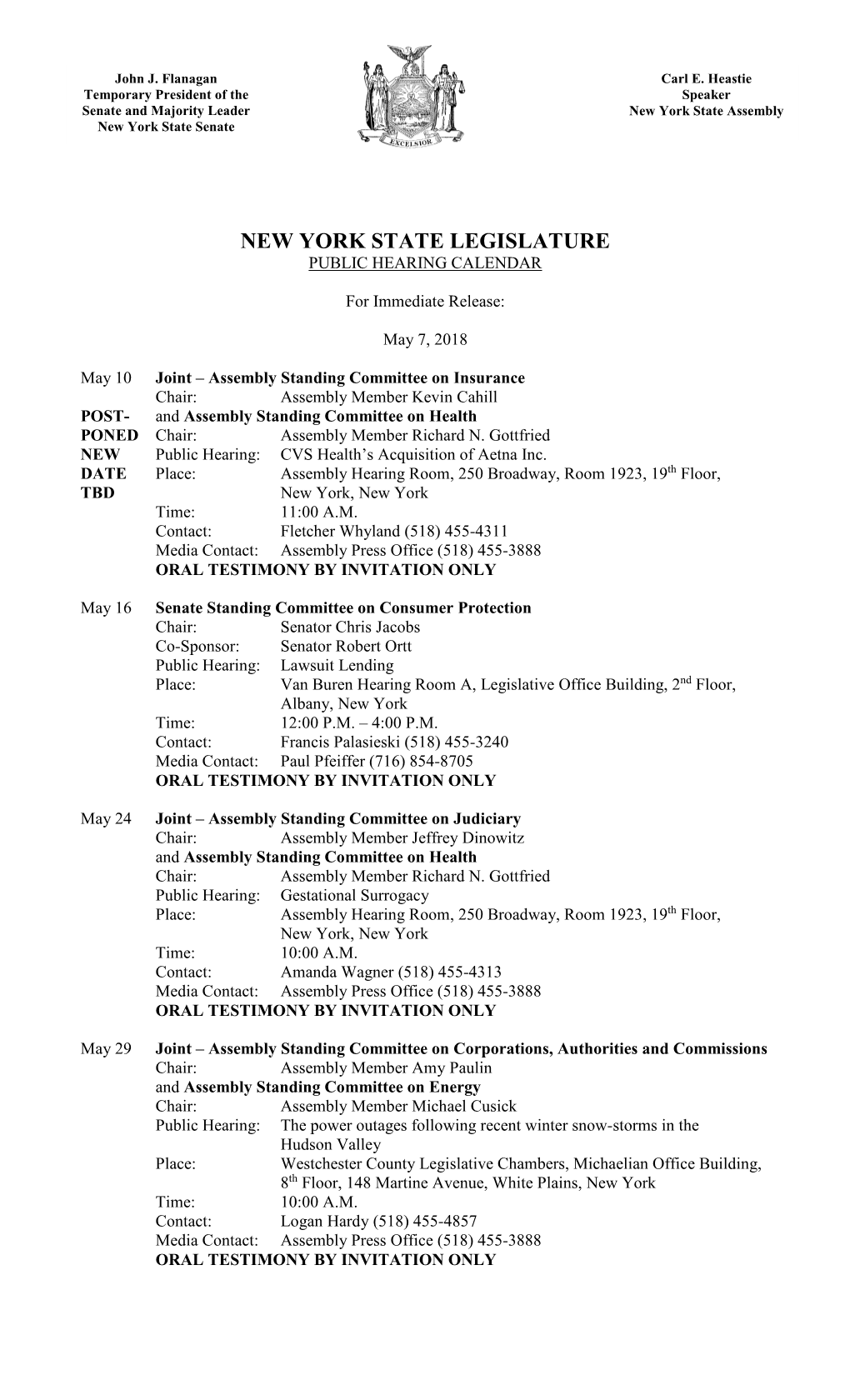 New York State Legislature Public Hearing Calendar