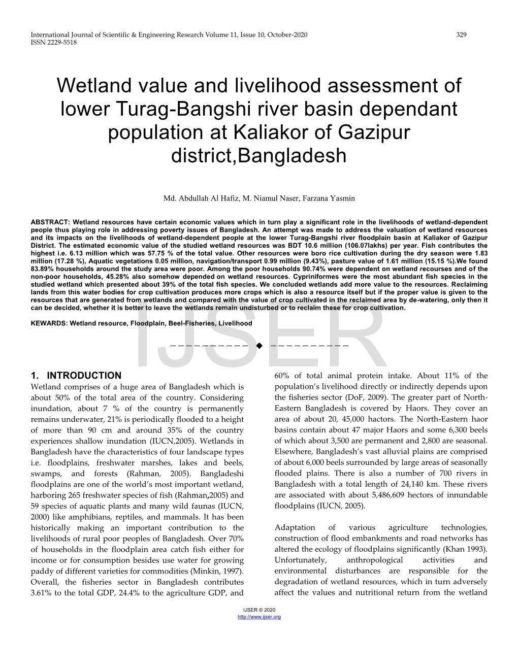 Wetland Value and Livelihood Assessment of Lower Turag-Bangshi River Basin Dependant Population at Kaliakor of Gazipur District,Bangladesh