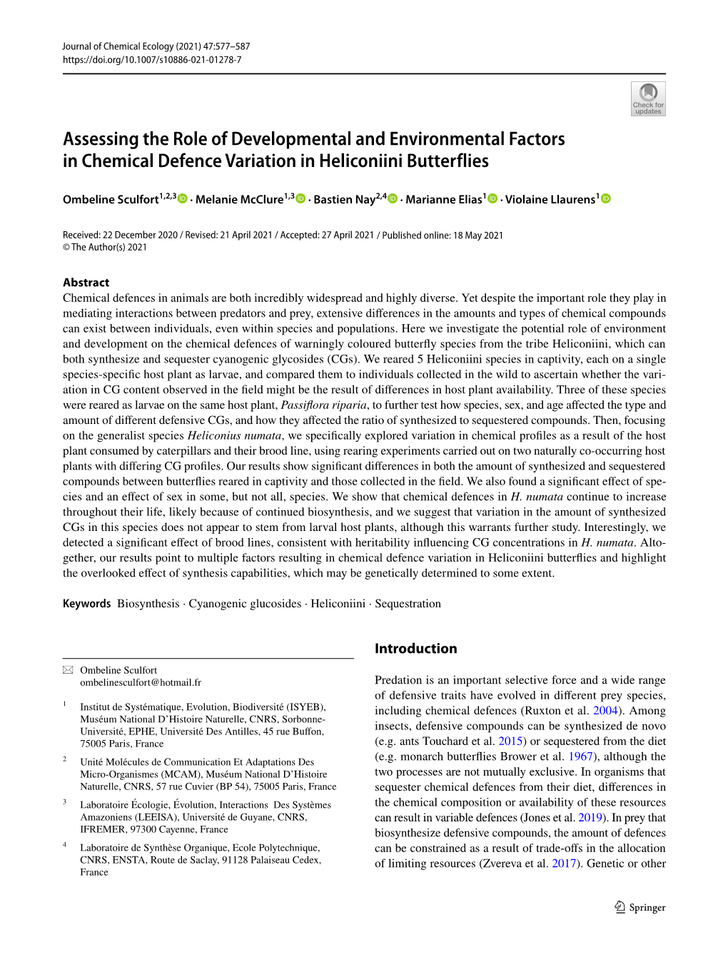 Assessing the Role of Developmental and Environmental Factors in Chemical Defence Variation in Heliconiini Butterflies