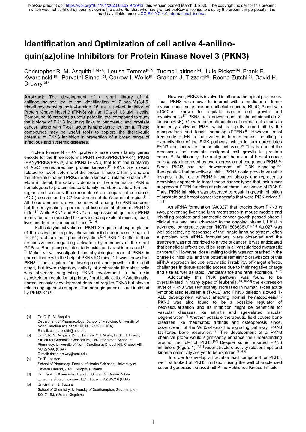 Oline Inhibitors for Protein Kinase Novel 3 (PKN3)