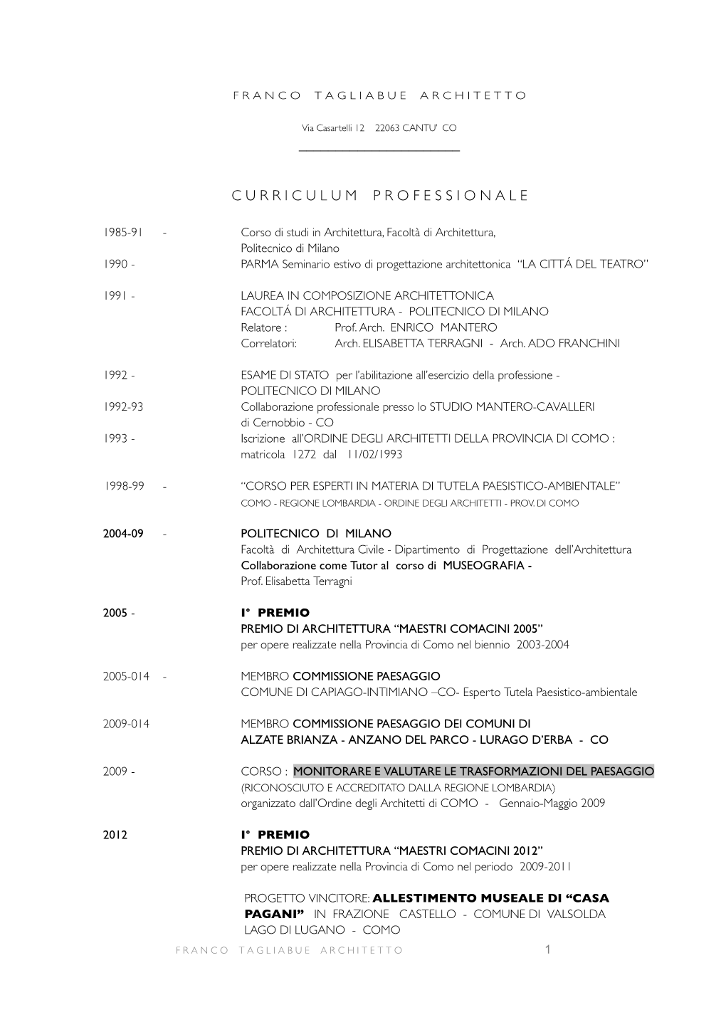 Curriculum Vitae Arch. Franco Tagliabue