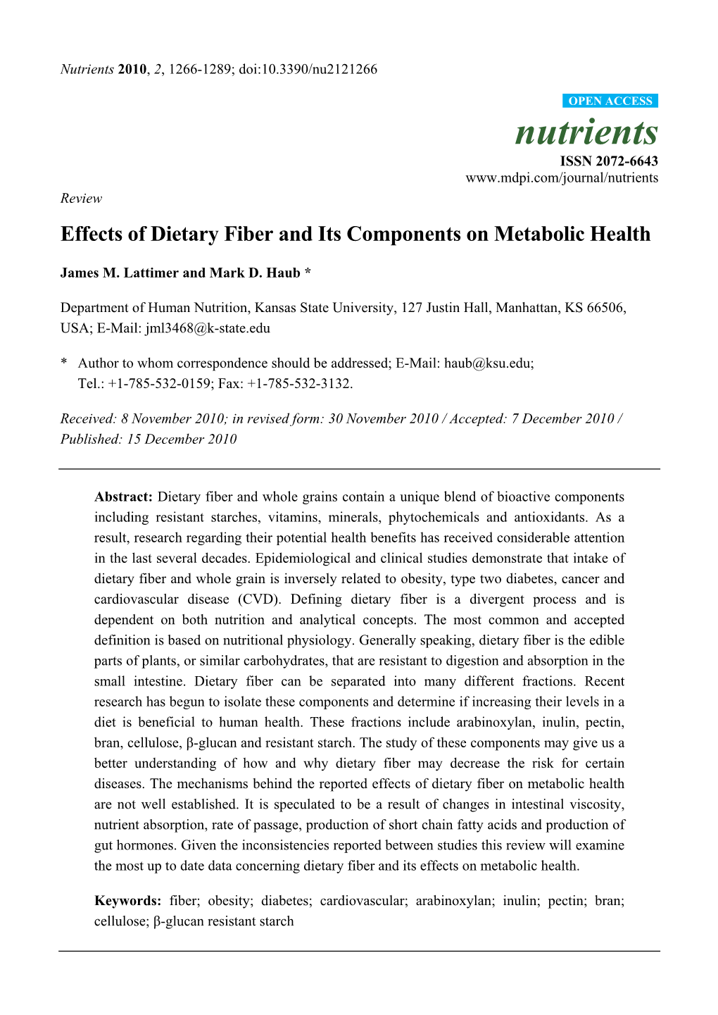 Dietary Fiber and Its Components on Metabolic Health