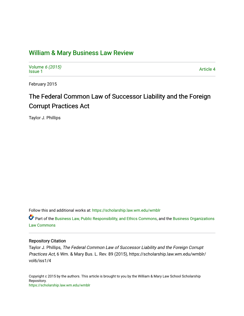 The Federal Common Law of Successor Liability and the Foreign Corrupt Practices Act