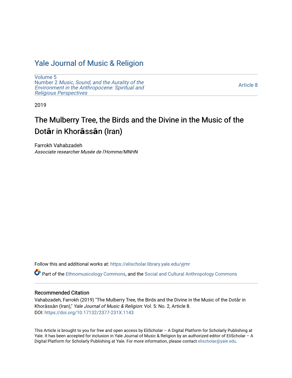 Yale Journal of Music & Religion the Mulberry Tree, the Birds and The