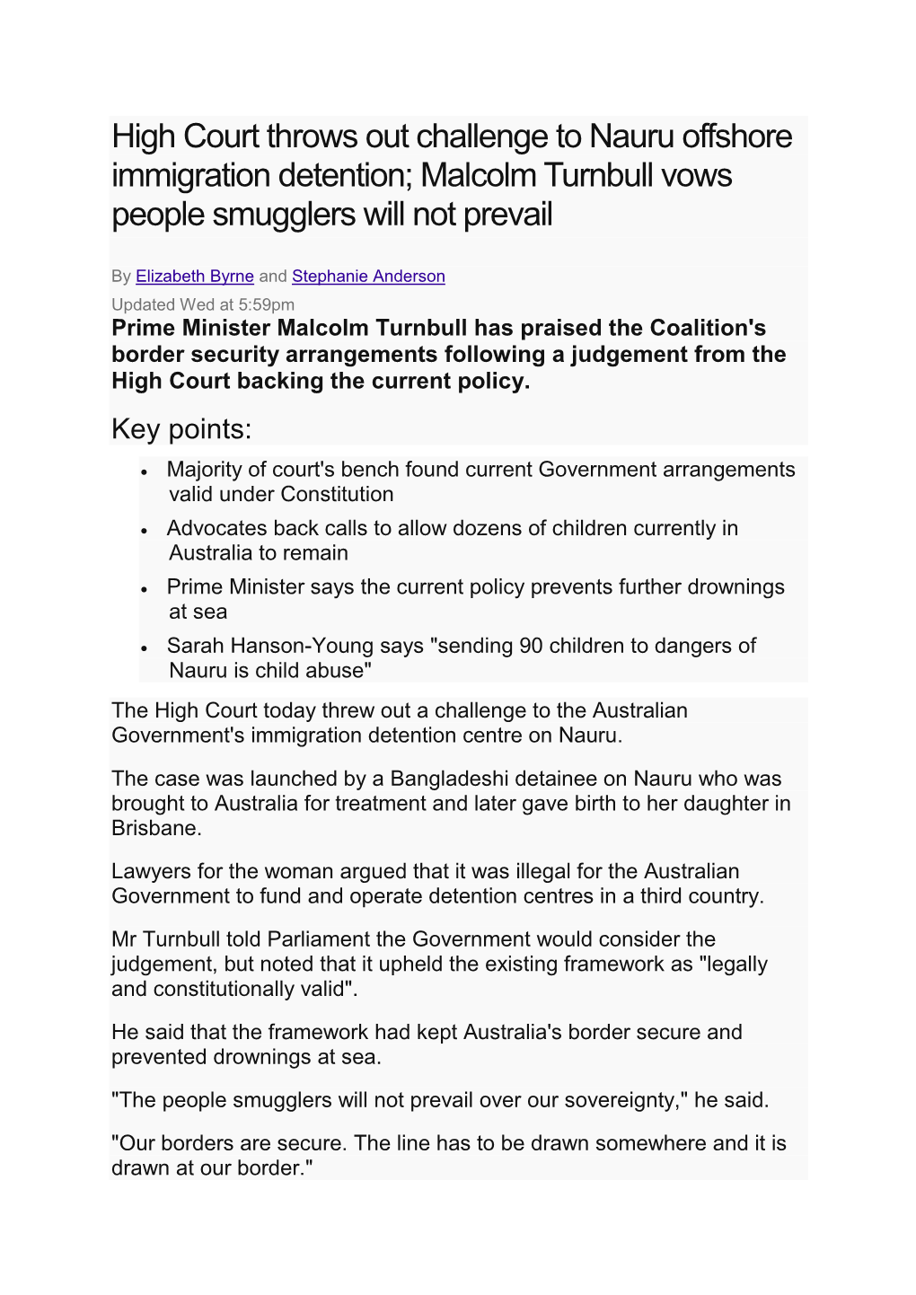 High Court Throws out Challenge to Nauru Offshore Immigration Detention; Malcolm Turnbull Vows People Smugglers Will Not Prevail