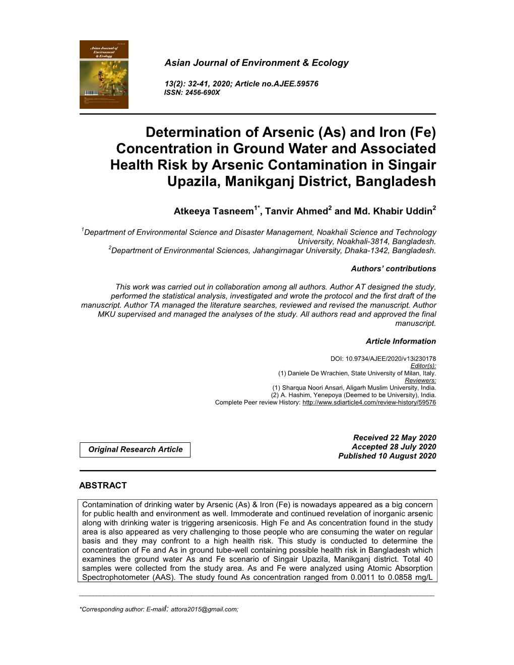 And Iron (Fe) Concentration in Ground Water and Associated Health Risk by Arsenic Contamination in Singair Upazila, Manikganj District, Bangladesh