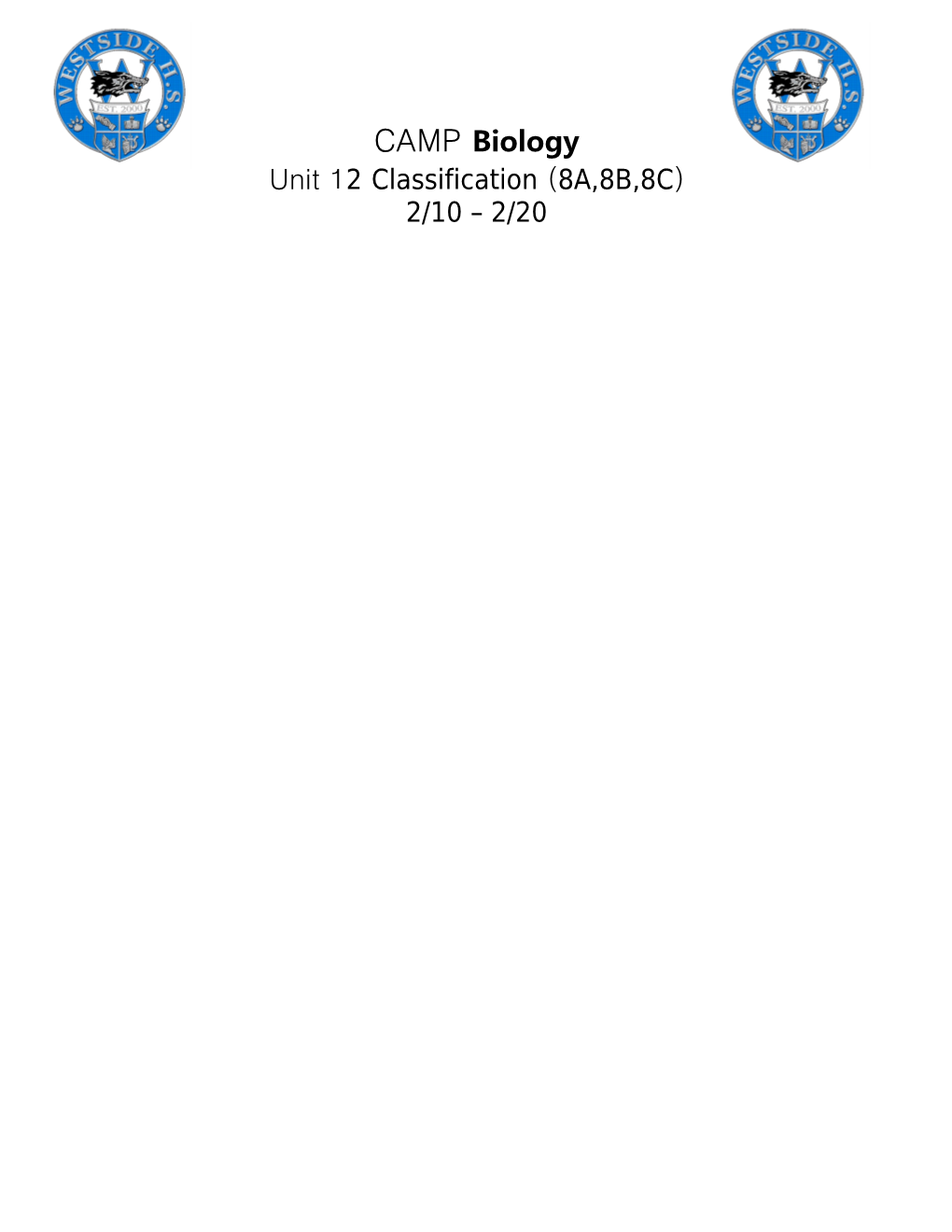 CAMP Biology Unit 12 Classification (8A,8B,8C)