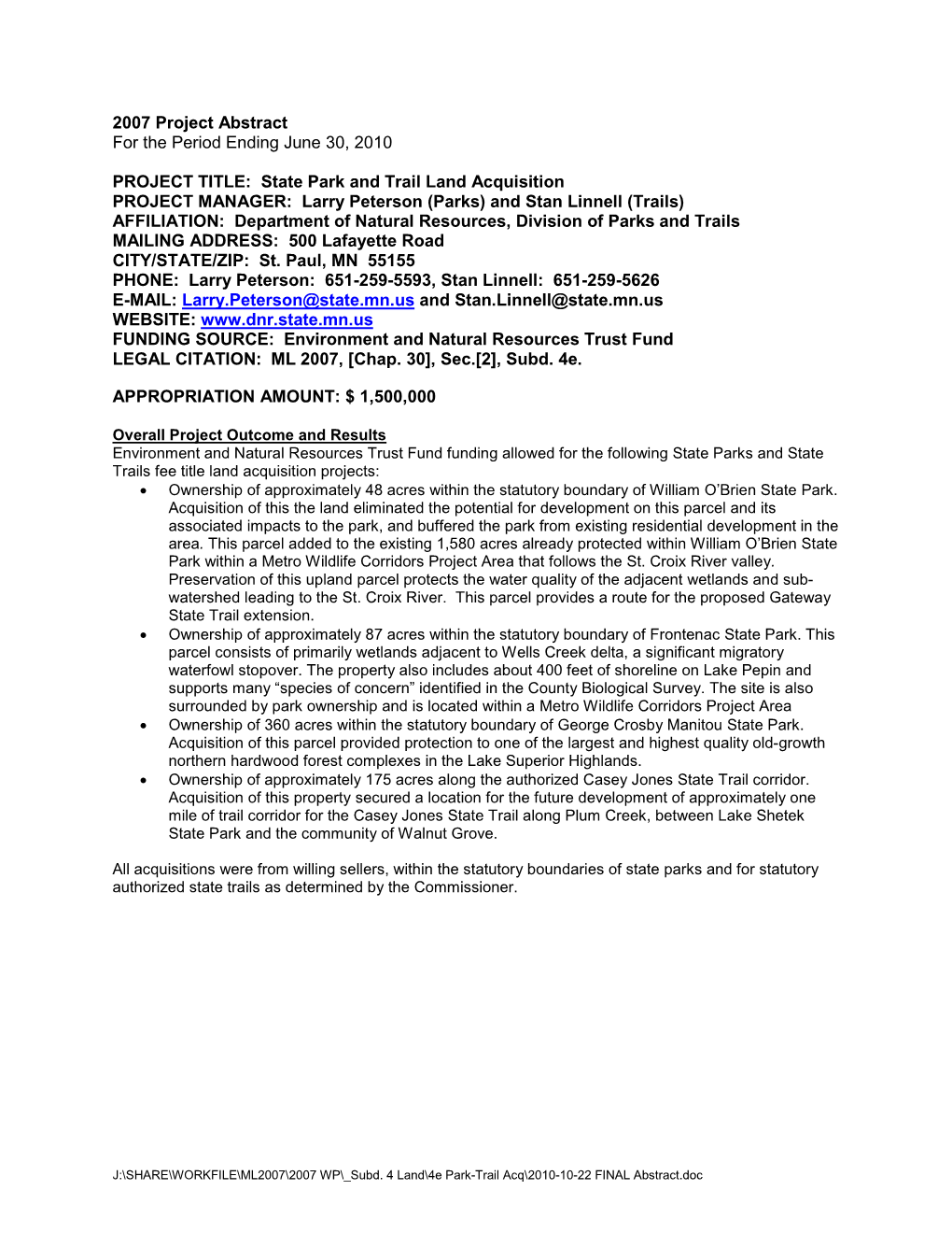 State Park and Trail Land Acquisition PROJECT MANAGER