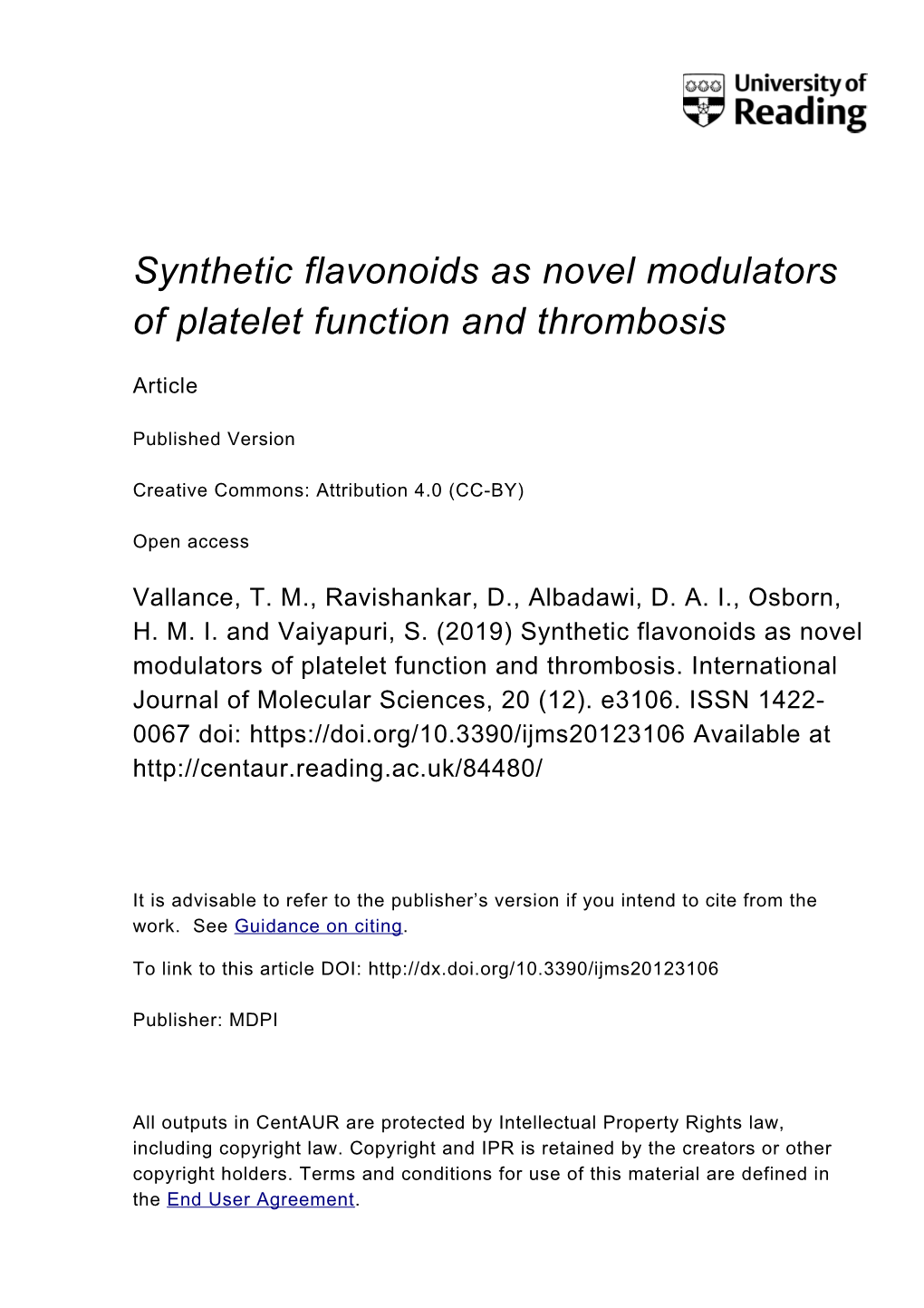 Synthetic Flavonoids As Novel Modulators of Platelet Function and Thrombosis