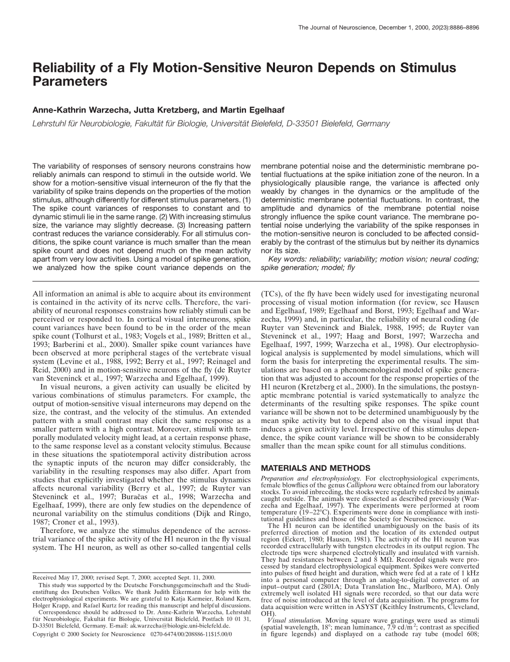 Reliability of a Fly Motion-Sensitive Neuron Depends on Stimulus Parameters