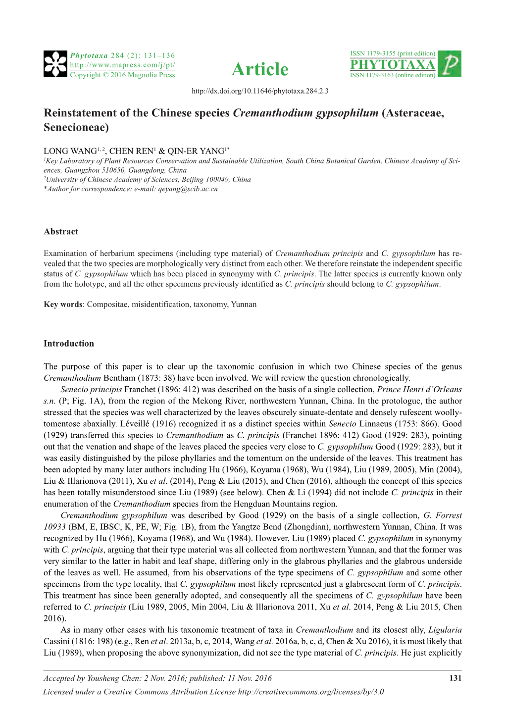 Reinstatement of the Chinese Species Cremanthodium Gypsophilum (Asteraceae, Senecioneae)