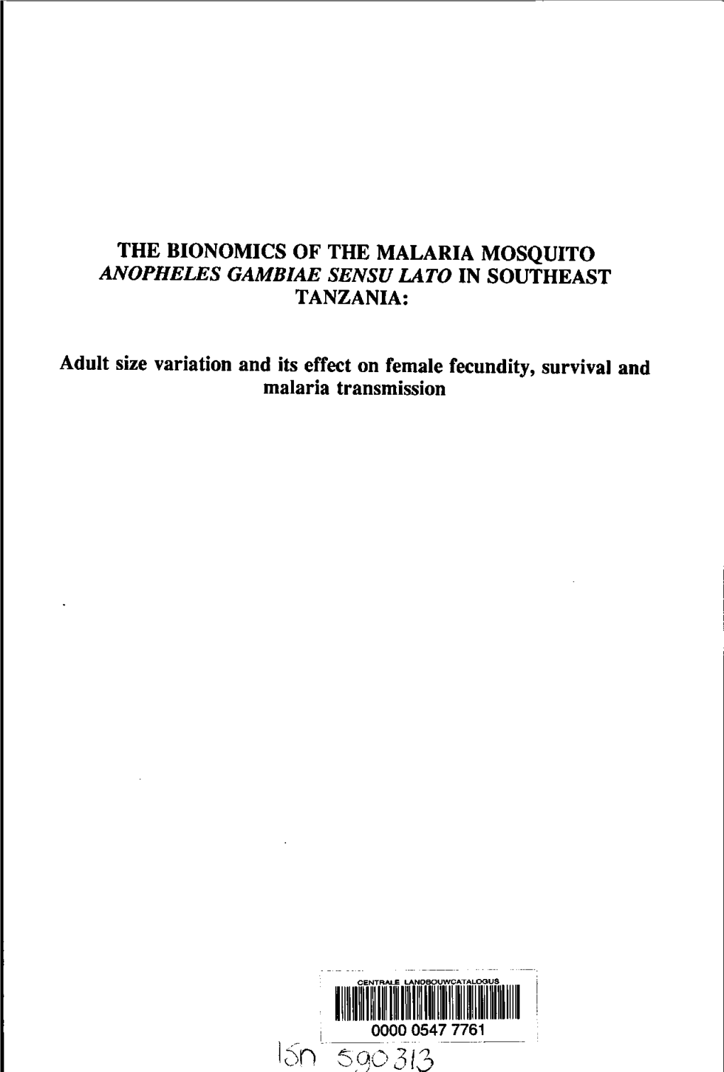 The Bionomics of the Malaria Mosquito Anopheles Gambiae Sensu Lato in Southeast Tanzania