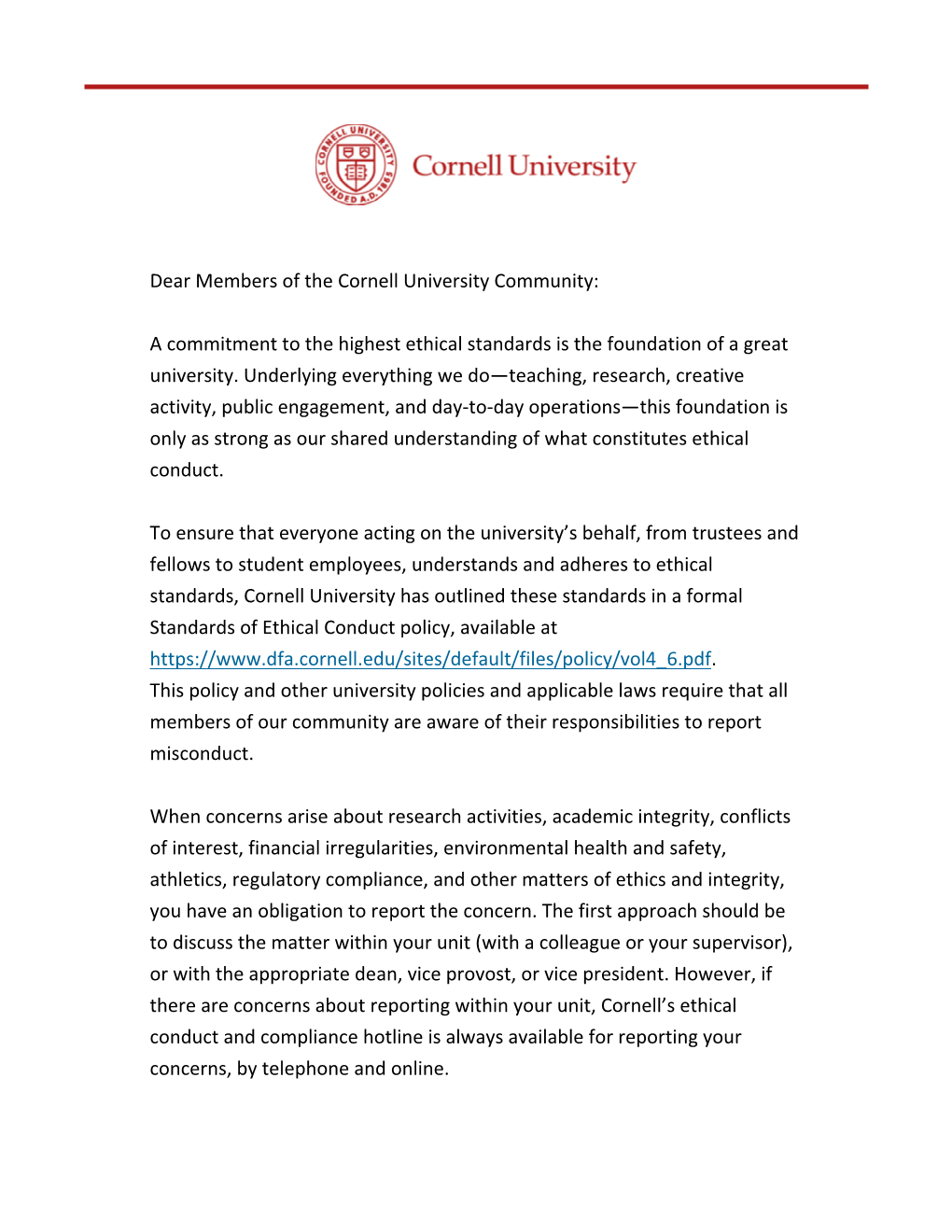 Dear Members of the Cornell University Community