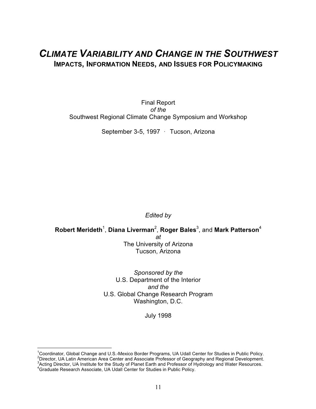Climate Variability and Change in the Southwest Impacts, Information Needs, and Issues for Policymaking