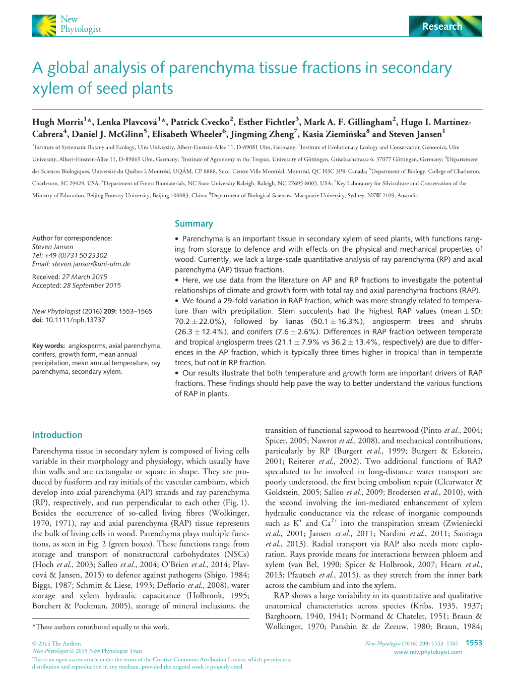 A Global Analysis of Parenchyma Tissue Fractions in Secondary Xylem of Seed Plants