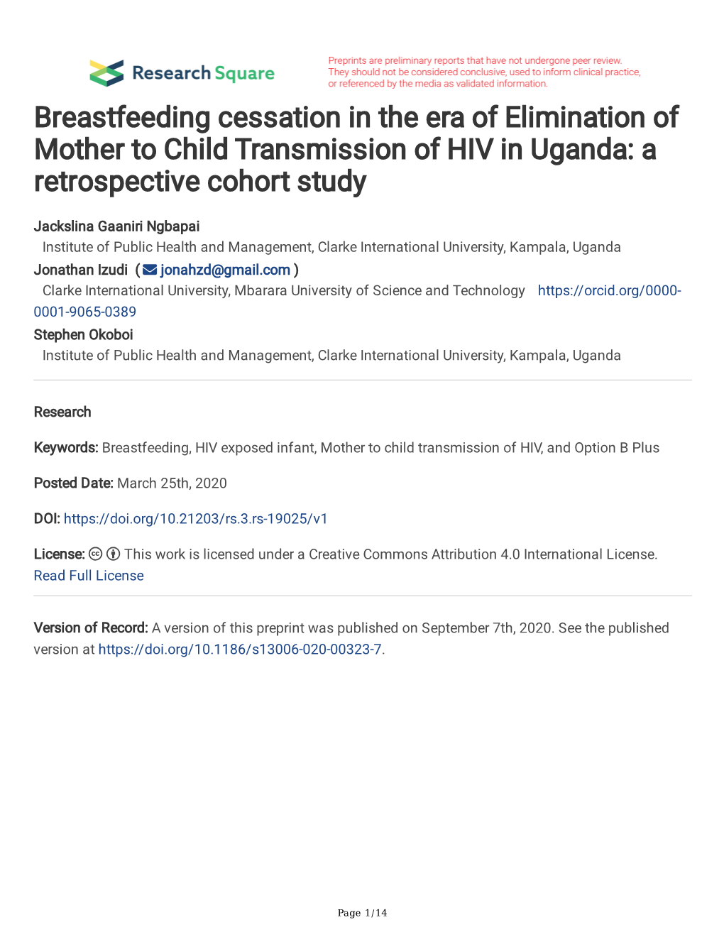 Breastfeeding Cessation in the Era of Elimination of Mother to Child Transmission of HIV in Uganda: a Retrospective Cohort Study