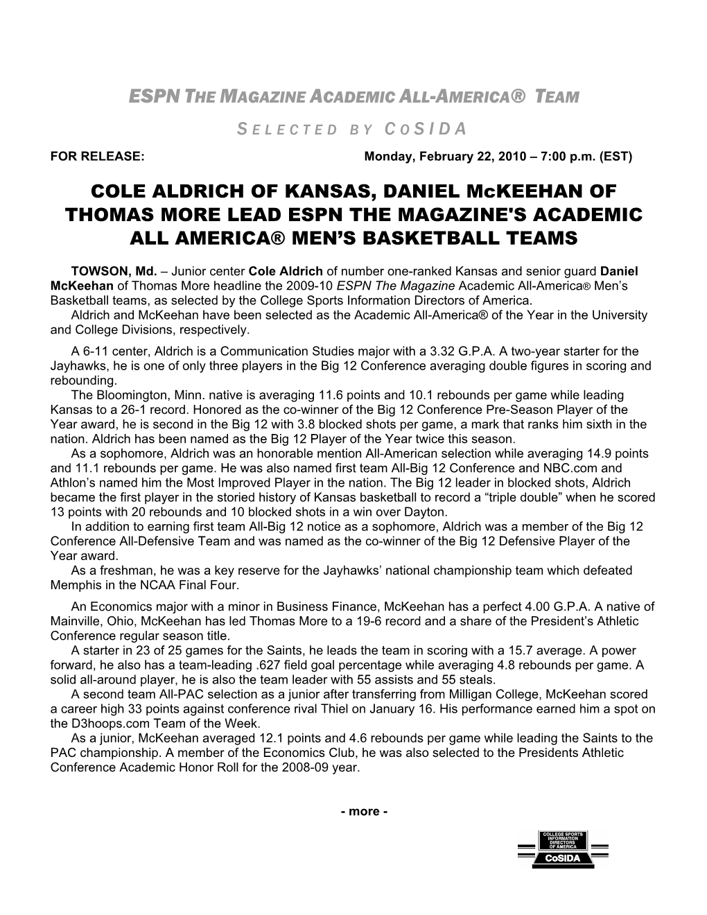 COLE ALDRICH of KANSAS, DANIEL Mckeehan of THOMAS MORE LEAD ESPN the MAGAZINE's ACADEMIC ALL AMERICA® MEN’S BASKETBALL TEAMS