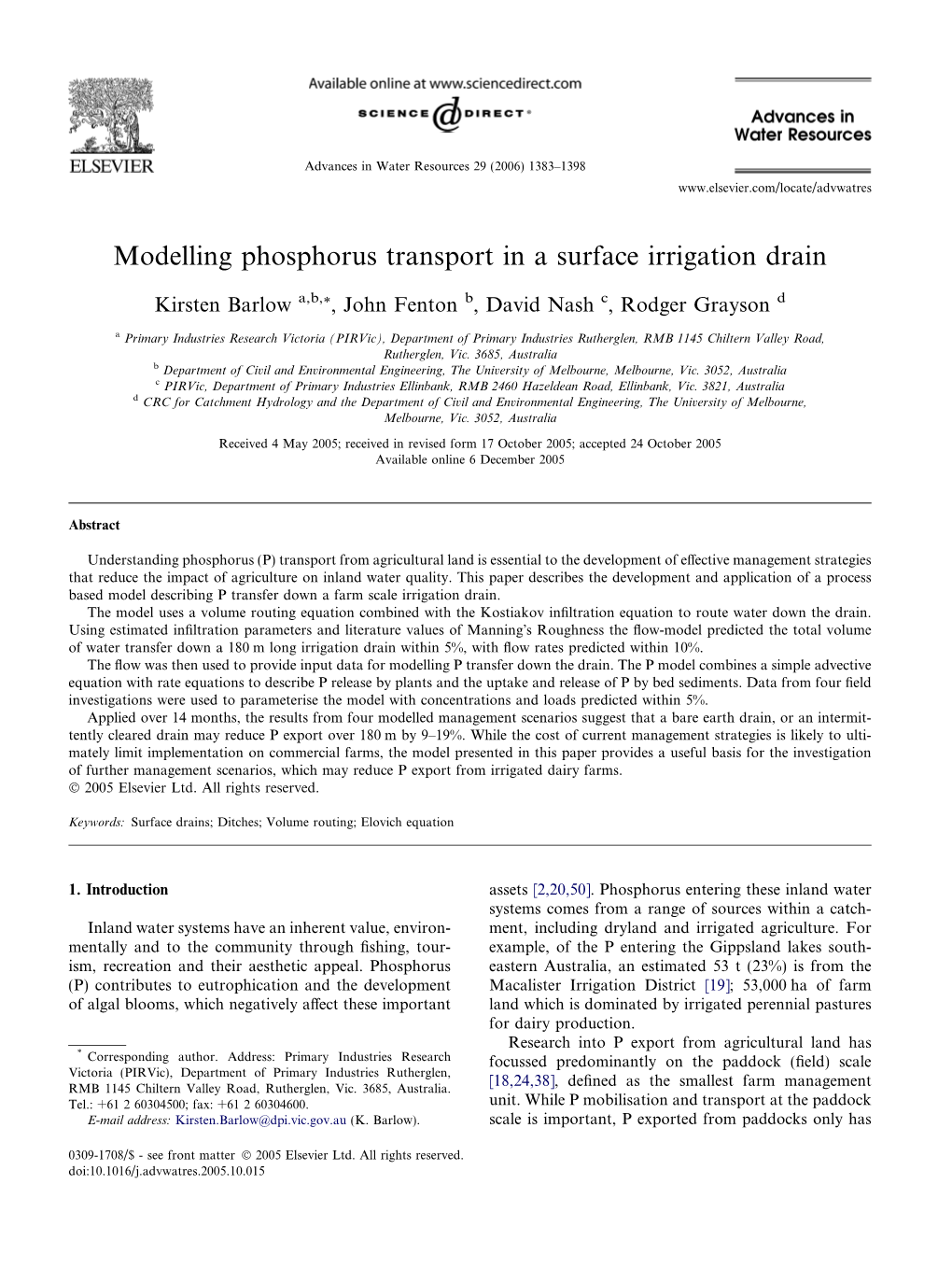 Modelling Phosphorus Transport in a Surface Irrigation Drain