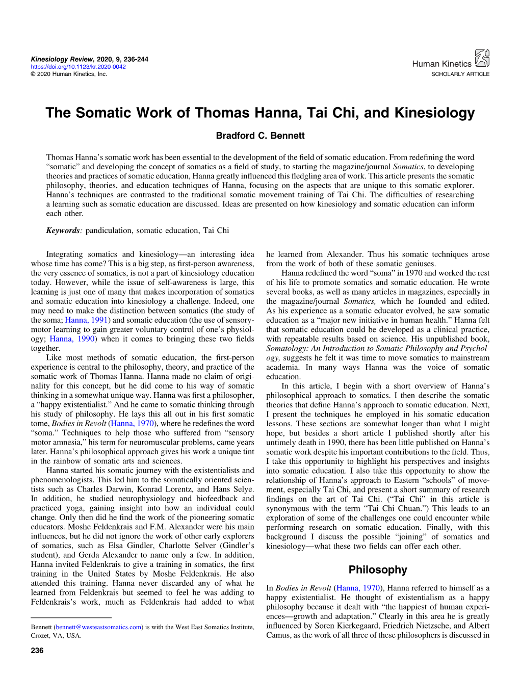 The Somatic Work of Thomas Hanna, Tai Chi, and Kinesiology