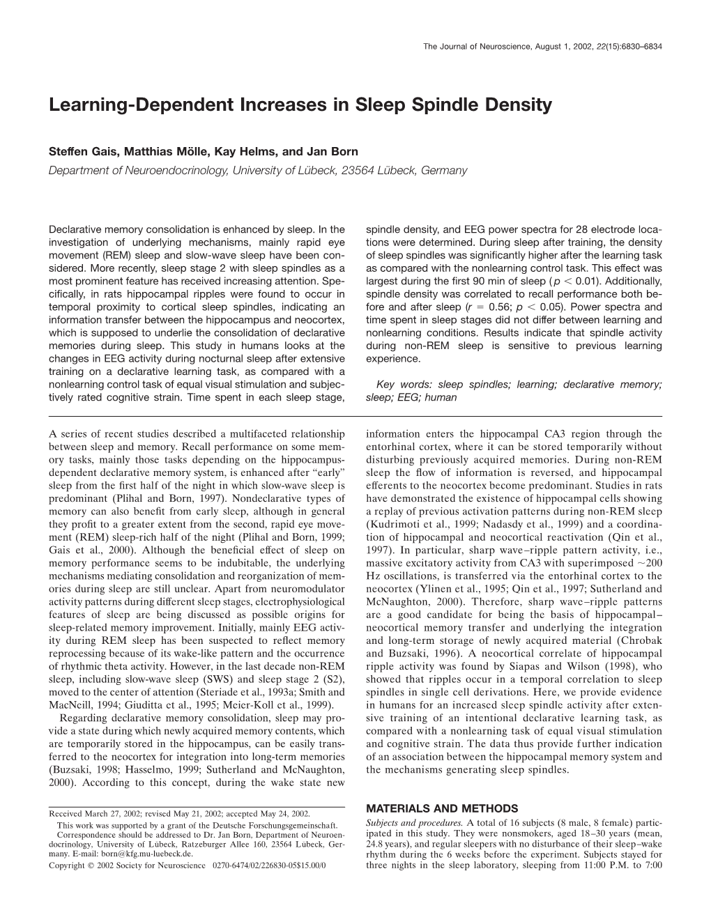 Learning-Dependent Increases in Sleep Spindle Density