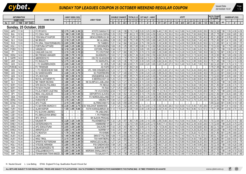 Sunday Top Leagues Coupon 25 October Weekend Regular Coupon 25/10/2020 10:07 1 / 4