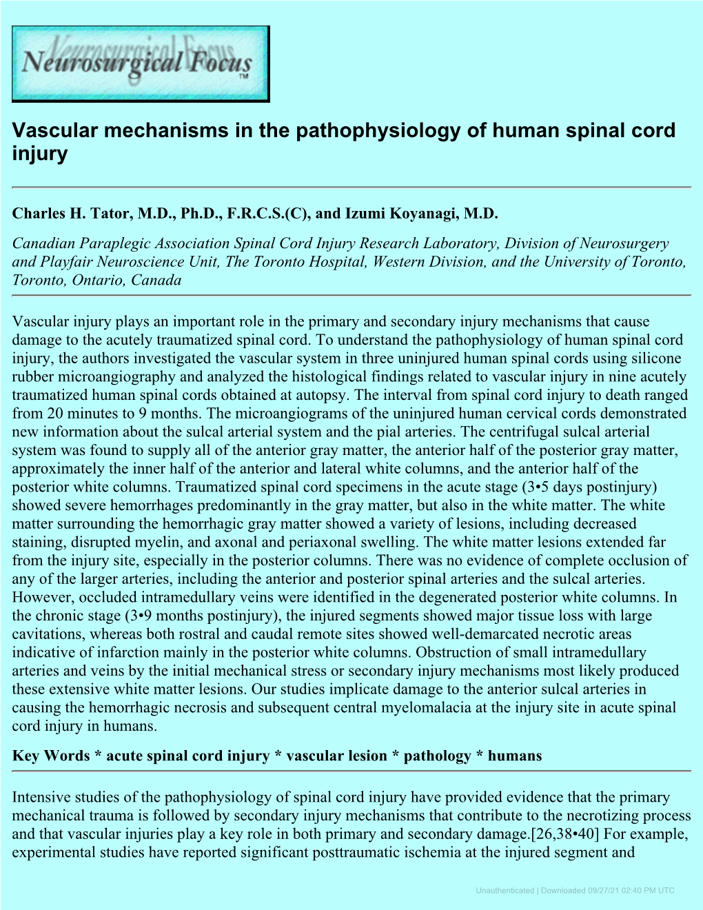 Vascular Mechanisms in the Pathophysiology of Human Spinal Cord Injury