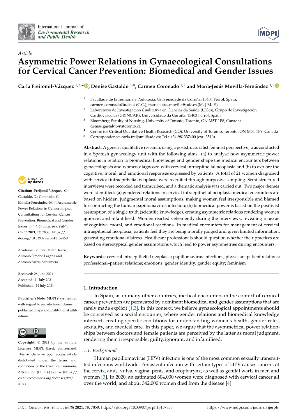 Asymmetric Power Relations in Gynaecological Consultations for Cervical Cancer Prevention: Biomedical and Gender Issues