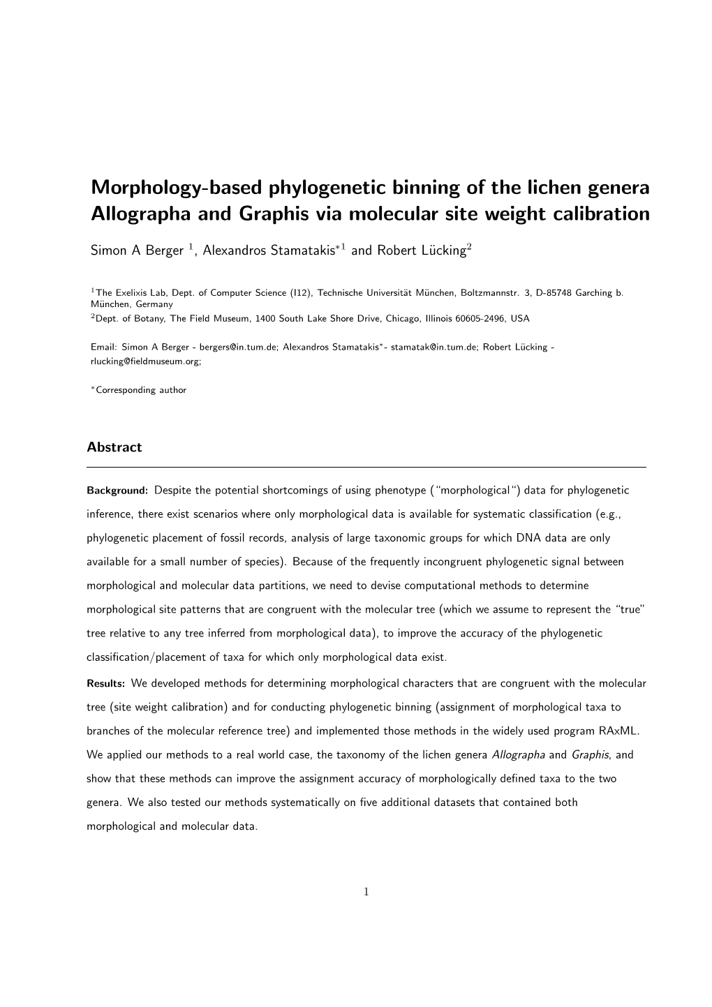 Morphology-Based Phylogenetic Binning of the Lichen Genera Allographa and Graphis Via Molecular Site Weight Calibration