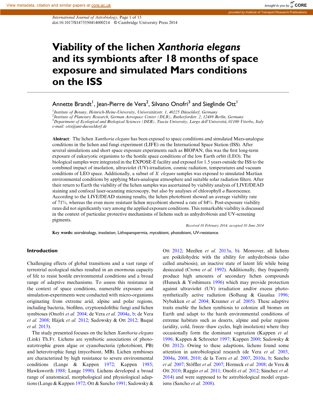 Viability of the Lichen Xanthoria Elegans and Its Symbionts After 18 Months of Space Exposure and Simulated Mars Conditions on the ISS