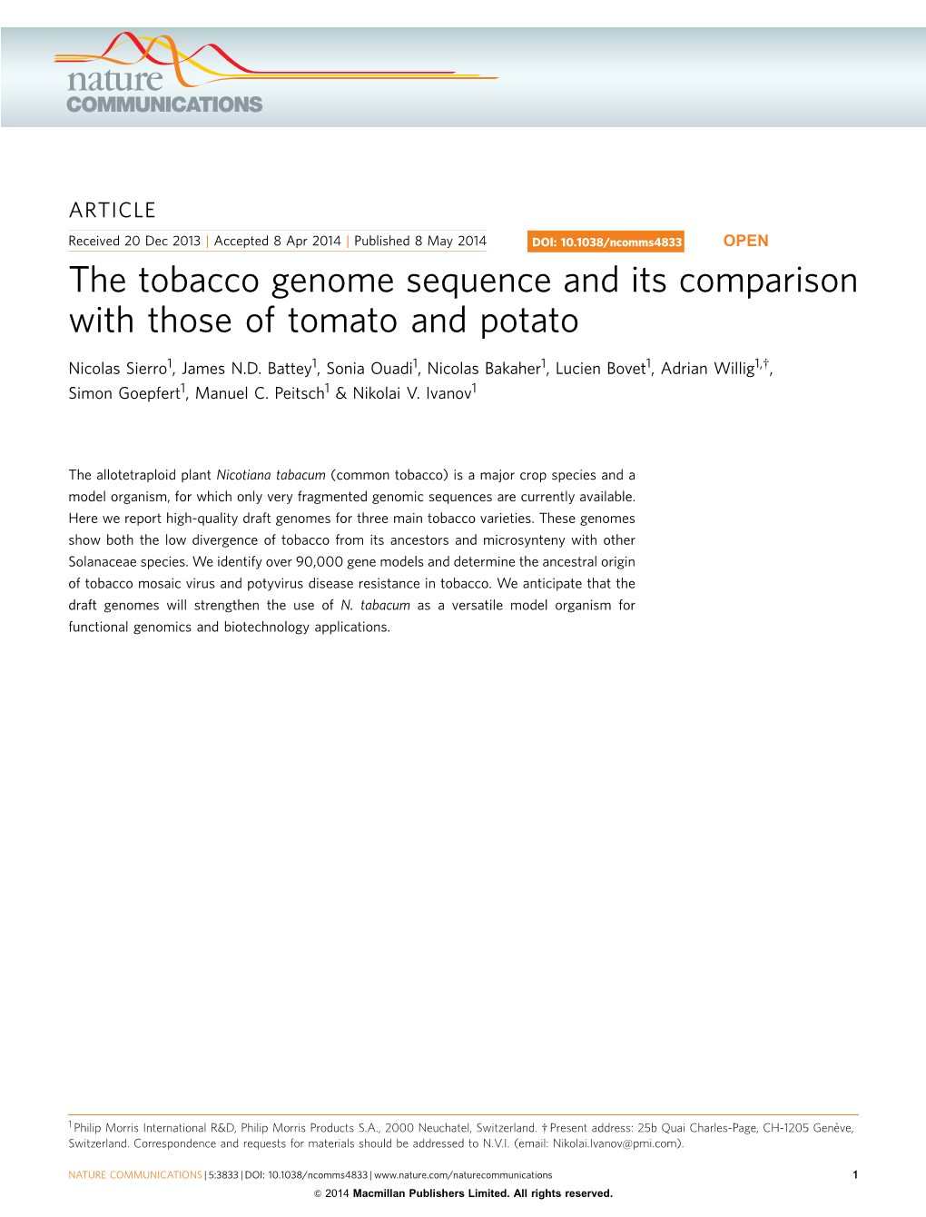 The Tobacco Genome Sequence and Its Comparison with Those of Tomato and Potato