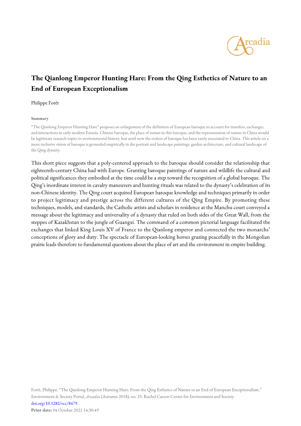 The Qianlong Emperor Hunting Hare: from the Qing Esthetics of Nature to an End of European Exceptionalism