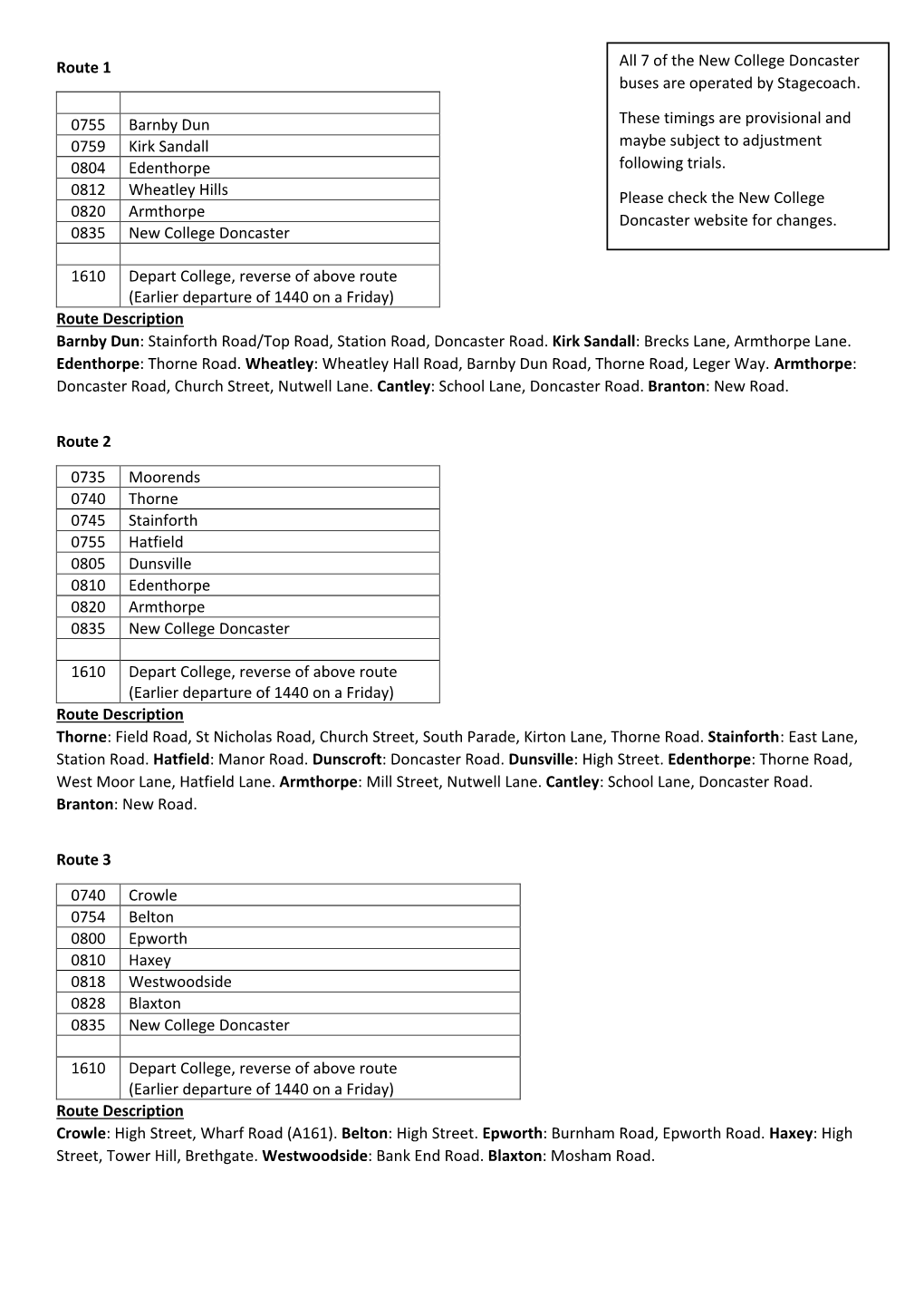 Route 1 0755 Barnby Dun 0759 Kirk Sandall 0804 Edenthorpe 0812