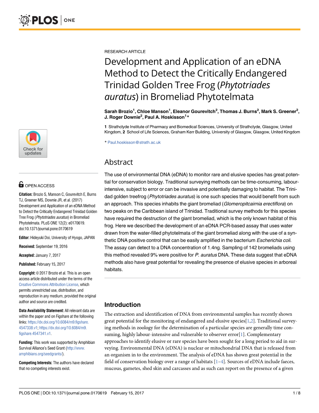 Development and Application of an Edna Method to Detect the Critically Endangered Trinidad Golden Tree Frog (Phytotriades Auratus) in Bromeliad Phytotelmata