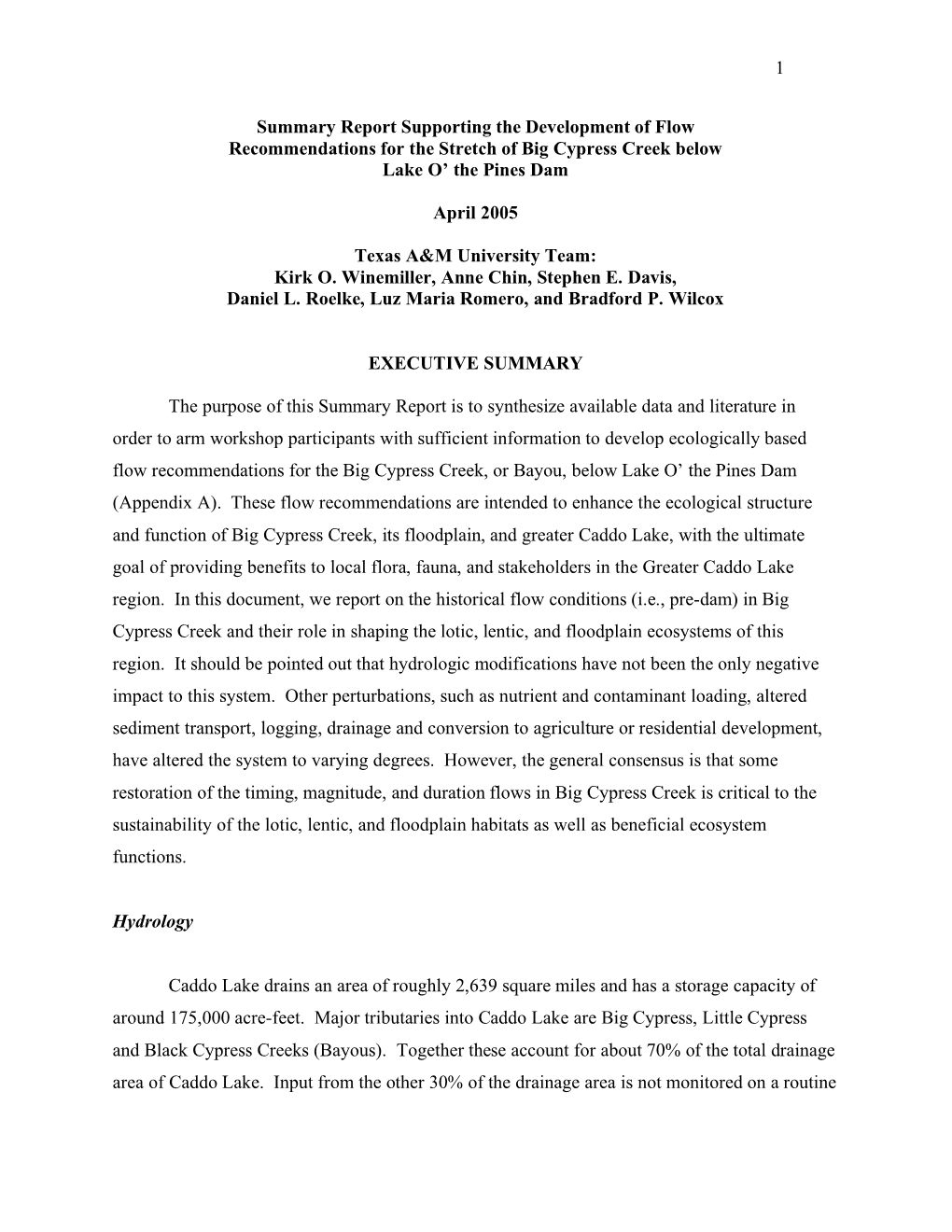 1 Summary Report Supporting the Development of Flow Recommendations for the Stretch of Big Cypress Creek Below Lake O' The