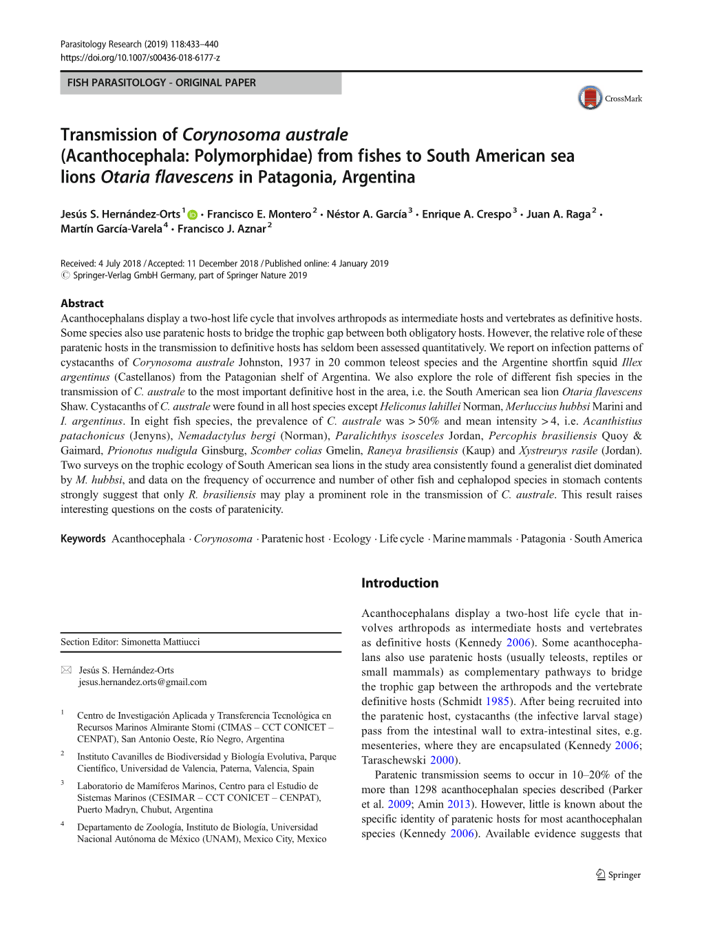 Transmission of Corynosoma Australe (Acanthocephala: Polymorphidae) from Fishes to South American Sea Lions Otaria Flavescens in Patagonia, Argentina