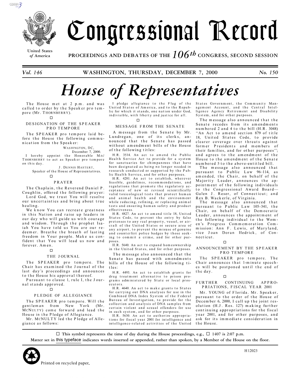 Congressional Record United States of America PROCEEDINGS and DEBATES of the 106Th CONGRESS, SECOND SESSION