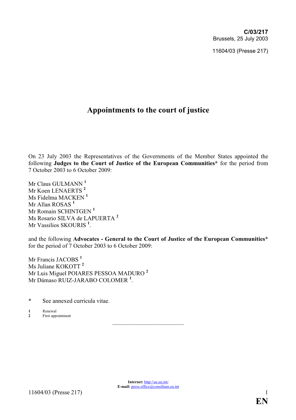 Appointments to the Court of Justice