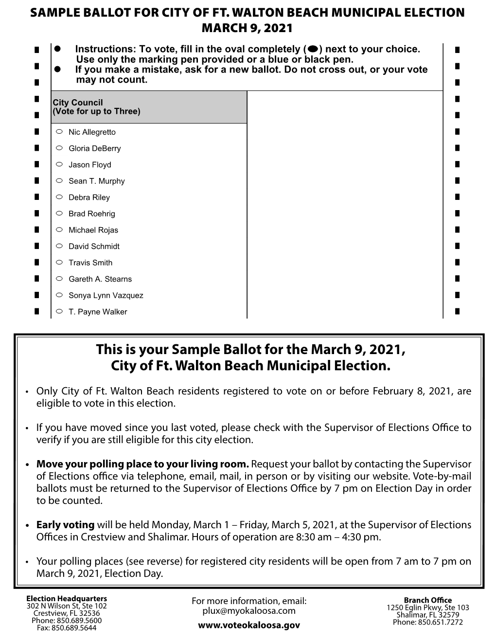 This Is Your Sample Ballot for the March 9, 2021, City of Ft. Walton Beach Municipal Election