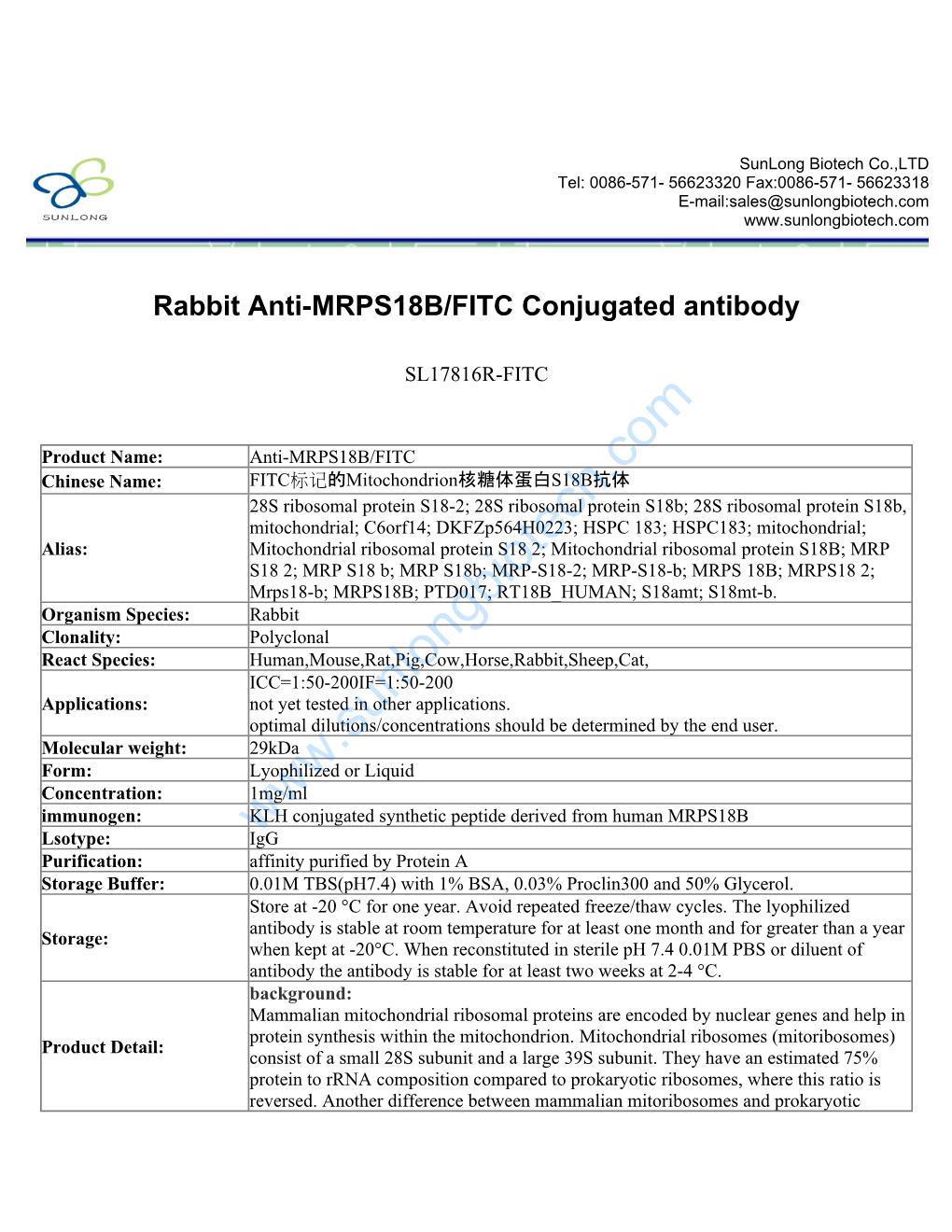 Rabbit Anti-MRPS18B/FITC Conjugated Antibody-SL17816R