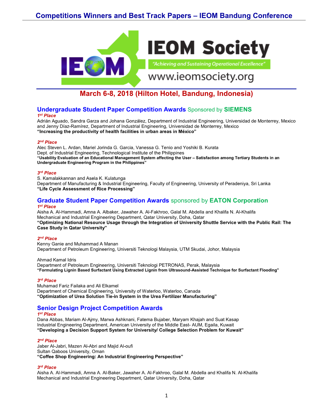 Competitions Winners and Best Track Papers – IEOM Bandung Conference