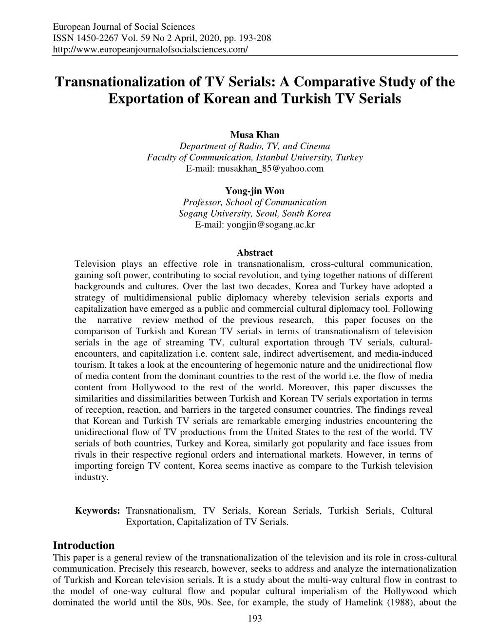 Transnationalization of TV Serials: a Comparative Study of the Exportation of Korean and Turkish TV Serials