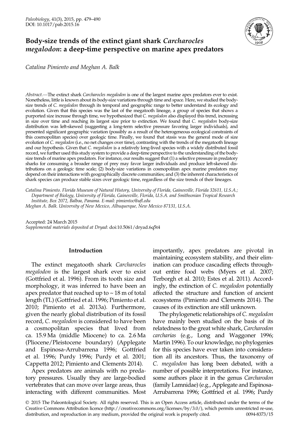 Body-Size Trends of the Extinct Giant Shark Carcharocles Megalodon: a Deep-Time Perspective on Marine Apex Predators