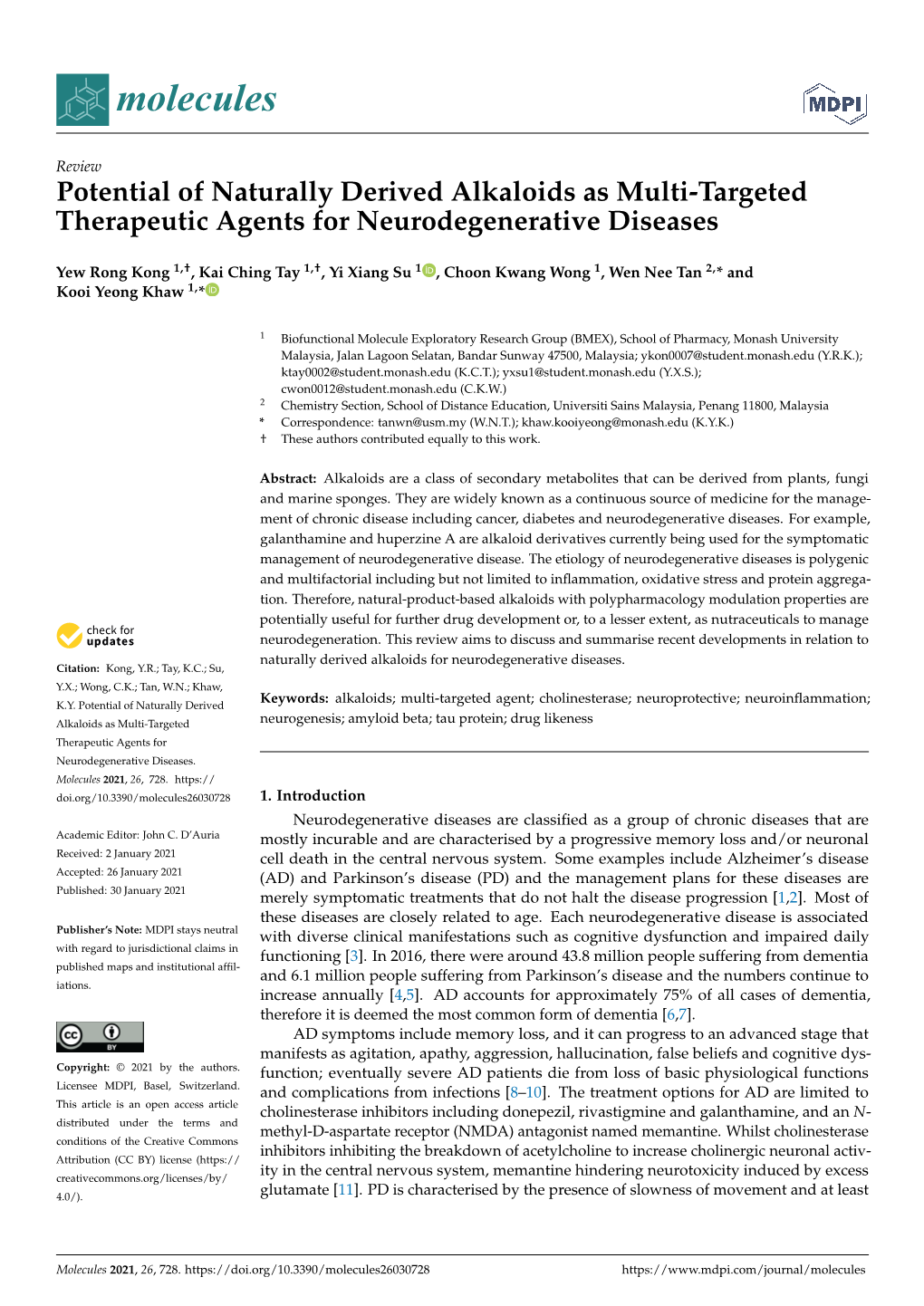 Potential of Naturally Derived Alkaloids As Multi-Targeted Therapeutic Agents for Neurodegenerative Diseases