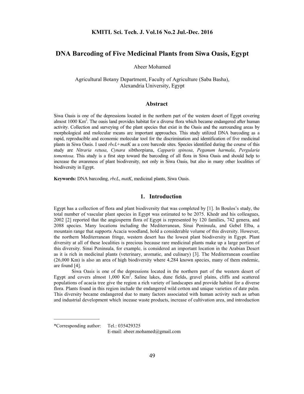 DNA Barcoding of Five Medicinal Plants from Siwa Oasis, Egypt