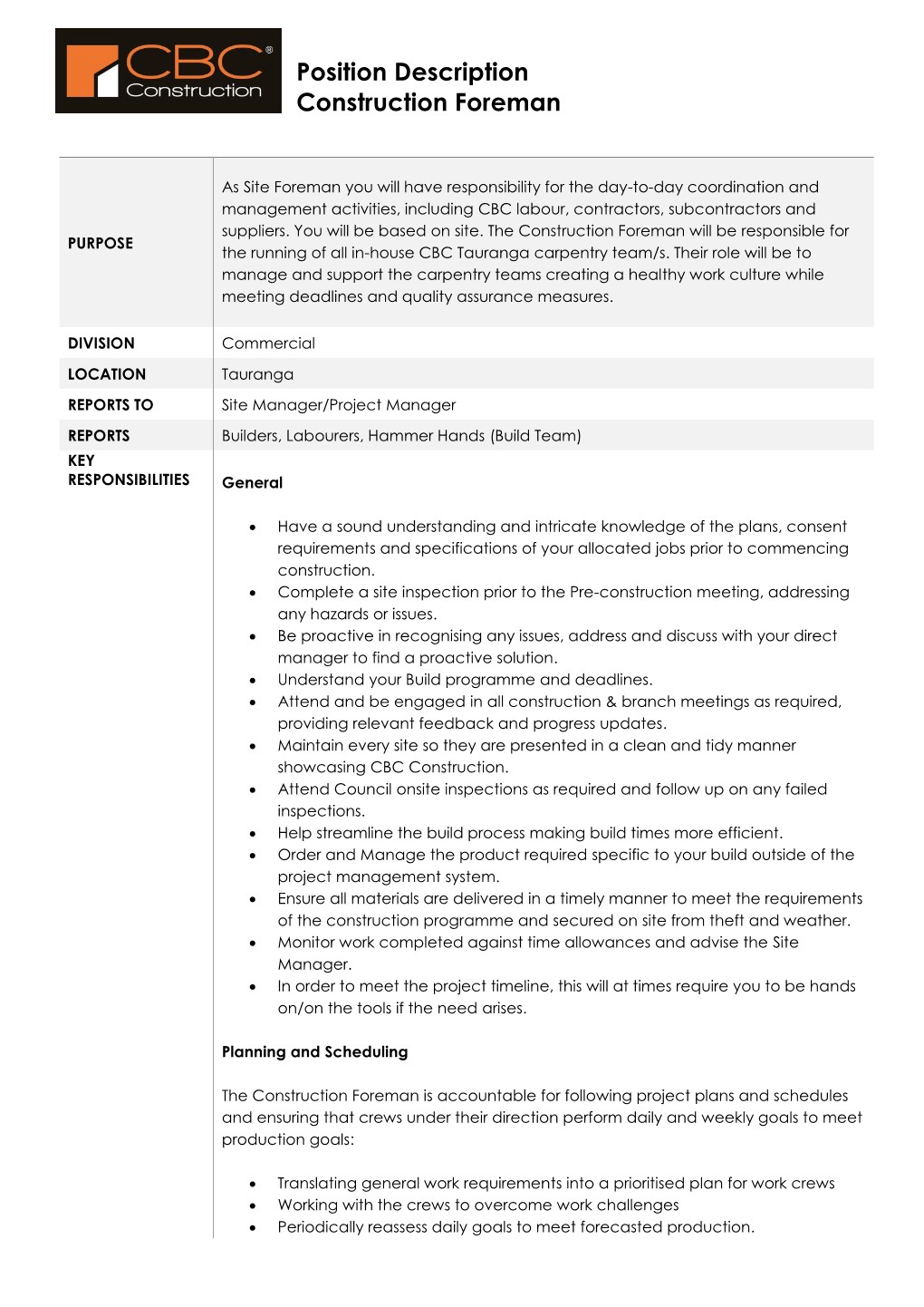 Position Description Construction Foreman