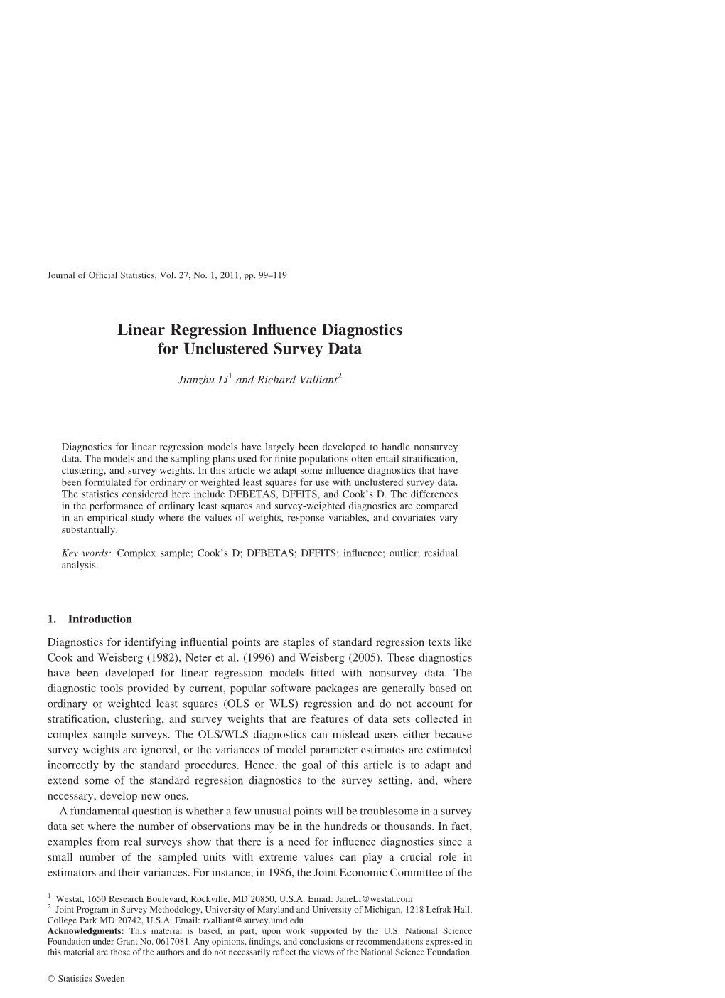 Linear Regression Influence Diagnostics for Unclustered Survey