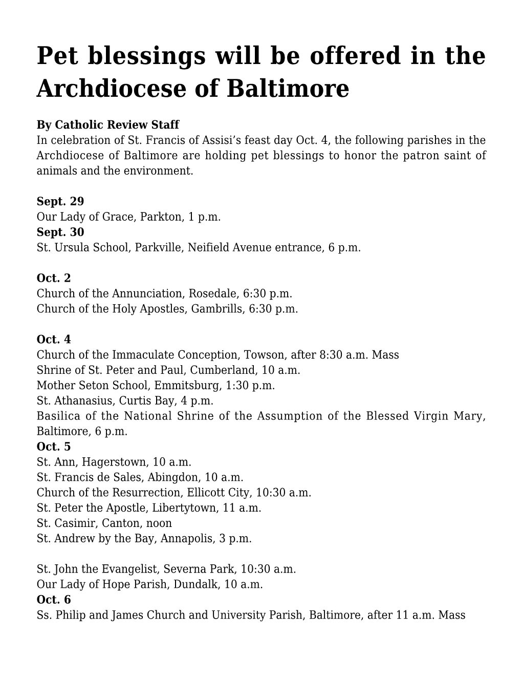 Pet Blessings Will Be Offered in the Archdiocese of Baltimore
